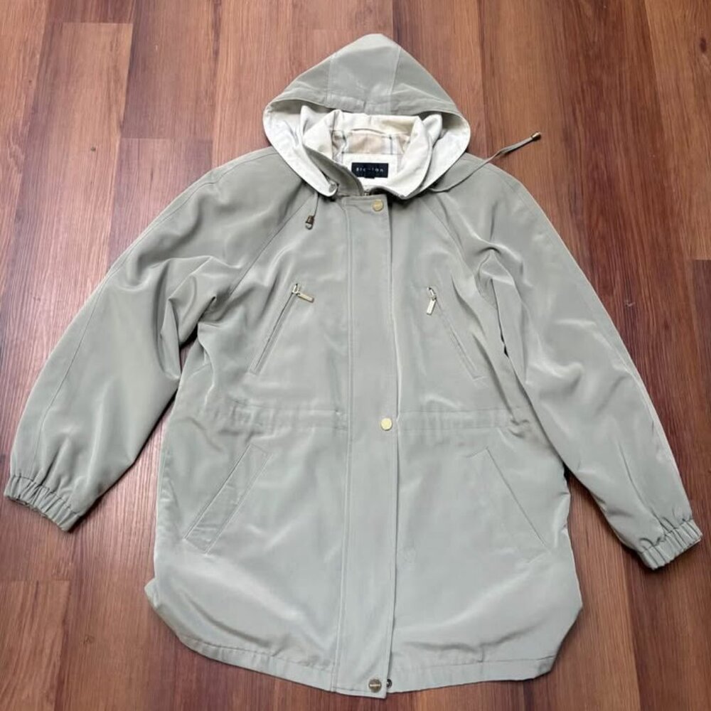Braetan Jacket Green Windbreaker Full Zip Removable Hood Rain Coat Womens Medium